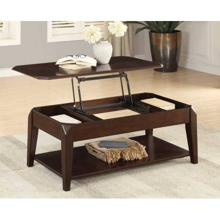 Sikeston Cocktail Table with Lift Top on Casters - Warm Cherry